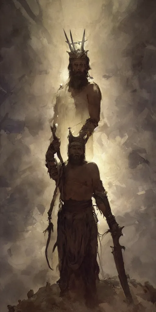 Image similar to a full body portrait of the ancient historical biblical evil pagan king ahab of Israel by craig mullins and marc simonetti, Ross Tran and WLOP, by Andrew Wyeth and Gerald Brom, In the style of John singer Sargent and James gurney, ARTSTATION, cgsociety, polycount, character design, CINEMATIC, AWE INSPIRING, BEAUTIFUL, ART GERM
