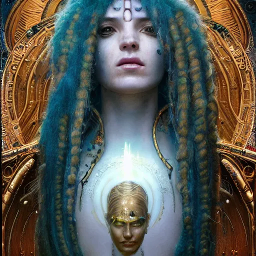 Image similar to techno mystic goddess princess intergalactica, goddess inanna, ashteroth, with aqua neon rapunzel dreadlocks, mami wata, detailed, by gaston bussiere, bayard wu, greg rutkowski, h. r. giger, greg rutkowski, sandro botticelli, masterpiece, sharp focus,