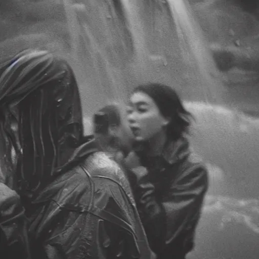 Prompt: cinestill candid photographic portrait by stanley kubrick of two female androids sobbing wearing rugged black mesh techwear in treacherous waters, flooded city, medium closeup, retrofuturism cyberpunk moody emotional cinematic, pouring iridescent rain bright spotlight helicopter, 8 k, hd, high resolution, 3 5 mm, f / 3 2, ultra realistic faces