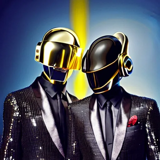 Image similar to photograph of Daft Punk ascending from Heaven to bestow humanity their new album