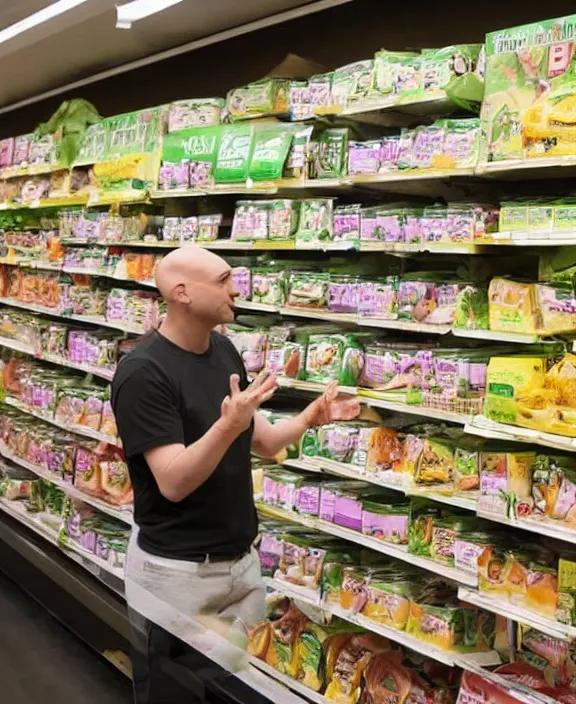 Image similar to a bald man gestures to a display of'suddenly salad'boxes at the end cap inside a supermarket