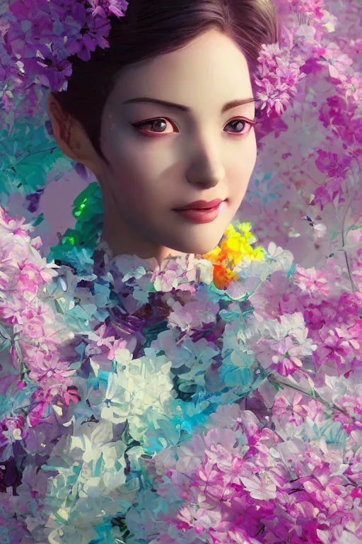 Image similar to elegant, beautiful woman in colourful clothing, ultrafine illustrated, ultradetailed flowery environment, by conrat roset, makoto shinkai, craig mullins, alphonse murac, detailed artwork, extremely detailed and high quality, global illumination, octane render, digital art trending on artstation