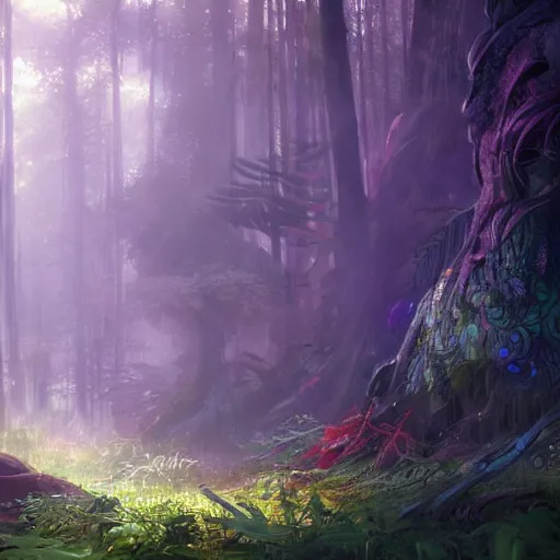 Image similar to concept art painting of a mystical alien fantasy forest, with fog and strange colorful plants, realistic, detailed, cel shaded, in the style of makoto shinkai and greg rutkowski and james gurney