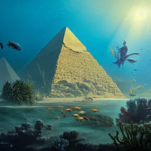 Image similar to the pyramids of gizeh underwater, lots of fishes everywhere, epic, wide angle, dramatic light, ultra realistic, 4K, peter mohrbacher