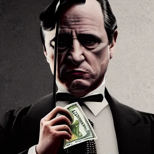 Prompt: Penguin with money movie poster, godfather, symmetrical, dark environment, smoke, realistic, highly detailed, digital art, trending on artstation,