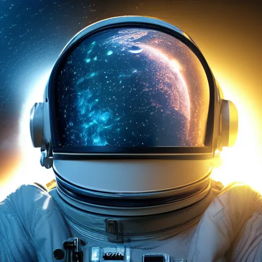 Prompt: astronaut floating in space and he has reflection of earth on his helmet, close view, unreal, cinema 4d render, Ray tracing reflection, simulation,