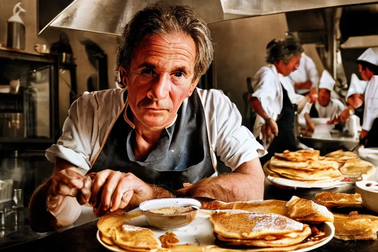 Image similar to closeup potrait Dutch chefs impressing french peasants with superior pancakes, natural light, sharp, detailed face, magazine, press, photo, Steve McCurry, David Lazar, Canon, Nikon, focus