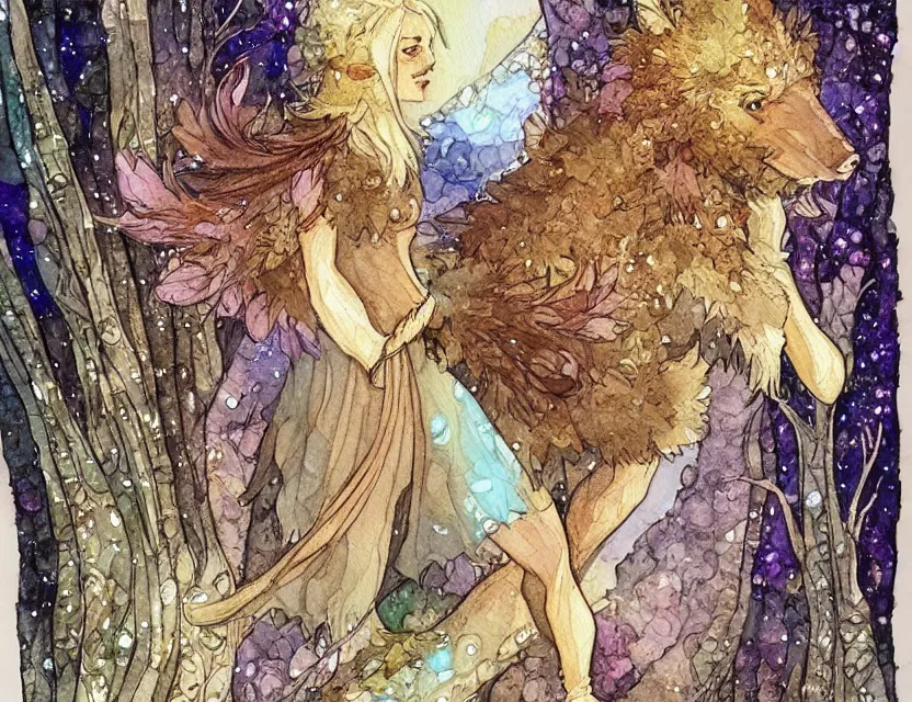 Image similar to fae bear in a crystal cave. this watercolor and gold leaf work by the award - winning comic artist has a beautiful composition and intricate details.