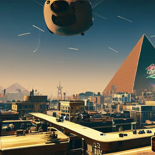 Prompt: flying saucer with a pyramid top shooting at a cyberpunk city, very detailed, realistic, many colors, art by gta 5,