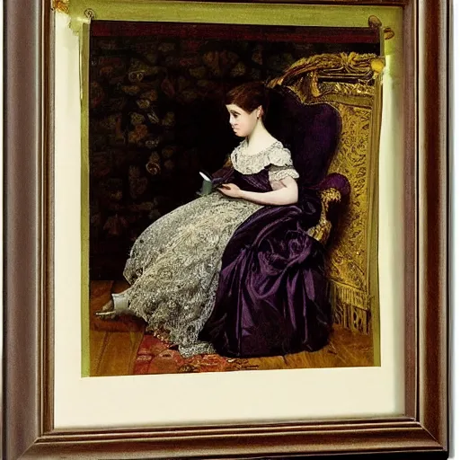 Image similar to young victorian lady in ball gown reading a book, painted by alfred stevens