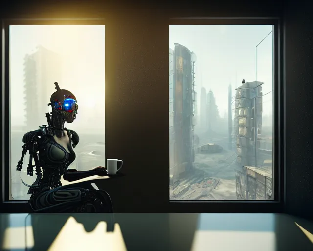 Image similar to portrait of an armored female with biomechanical cybernetic body who is drinking coffee near a window looking outside with dystopian city visible outside. very detailed 8 k. cyberpunk fantasy style. unreal engine render. global illumination. nanite. rtx. path tracing.