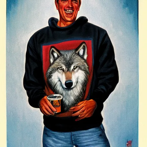 Image similar to Wolf wearing black sweatshirt, holding beer, artwork by Earl Norem,