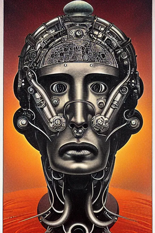 Prompt: 1 9 6 9 hippy robot, large metal mustache, rusty, benevolent, nebula background, glowing eyes, detailed realistic surreal retro robot in full regal attire. face portrait. art nouveau, visionary, baroque, giant fractal details. vertical symmetry by zdzisław beksinski, alphonse mucha. highly detailed, realistic