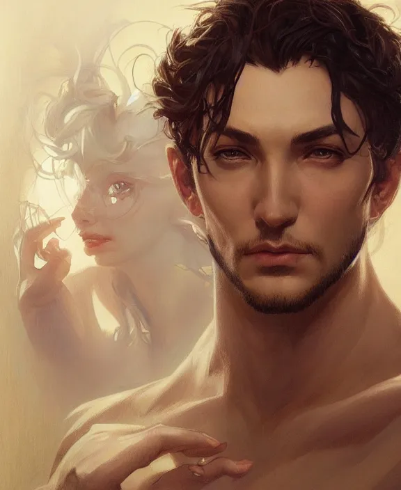 Image similar to portrait close up of guy, concentrated look, d & d, fantasy, intricate, elegant, highly detailed, digital painting, artstation, concept art, art by artgerm and greg rutkowski and alphonse mucha, boris vallejo