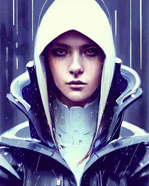 Image similar to detailed portrait of European Pretty Young Girl Storm Rain movie Jacket coat, Futuristic sci-fi fashion, royal attire by ismail inceoglu dragan bibin hans thoma greg rutkowski Alexandros Pyromallis Nekro Rene Margitte illustrated Perfect face, sharp chine, fine details, realistic shaded, fine-face, pretty face cyberpunk, neotokyo, synthwave, aesthetics, futuristic, low-emission-neon, bladerunner movie scene