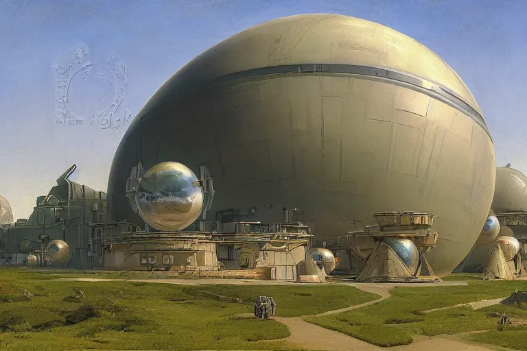 Prompt: an impressive science fiction big factory with a spherical architecture designed by star wars and boeing military with fat cables and pipes at its base, on a beautiful green hill in a the french countryside during spring season, painting by studio ghibli backgrounds and louis remy mignot hd, nice spring afternoon lighting, smooth tiny details, soft and clear shadows, low contrast, perfect