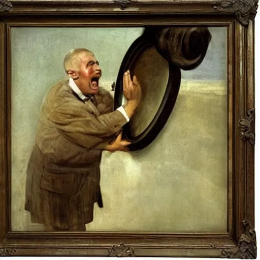 Image similar to an angry man yells at his computer monitor, oil on canvas, 1 8 8 3, highly detailed