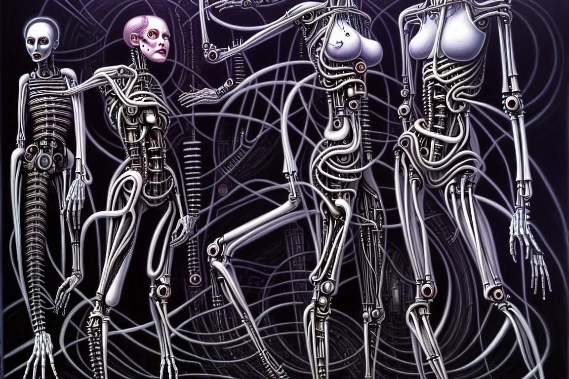 Prompt: A nightmarish dreamscape of two interconnected biomechanical android woman with surreal physiology, high details, surrealism, monochromatic airbrush painting, style of H. R. Giger