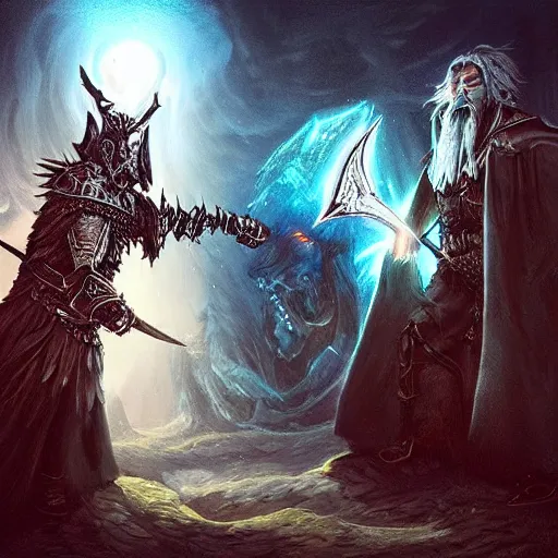 Image similar to “Epic battle between a wizard and the lich king, dramatic lighting, fantasy, detailed painting”