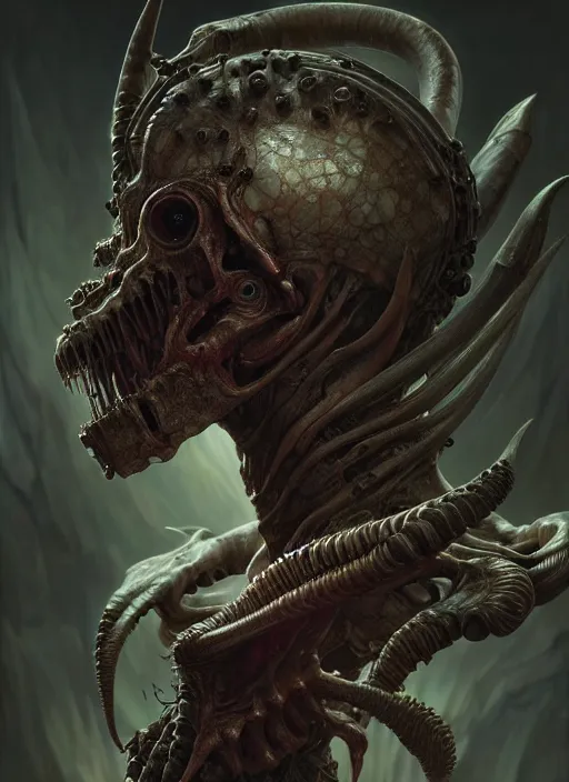 Image similar to ultra realistic, human alien predator hybrid, gothic, fantasy, flesh, bone, body horror, intricate details, eerie, highly detailed, octane render, 8 k, art by artgerm and alphonse mucha and greg rutkowski