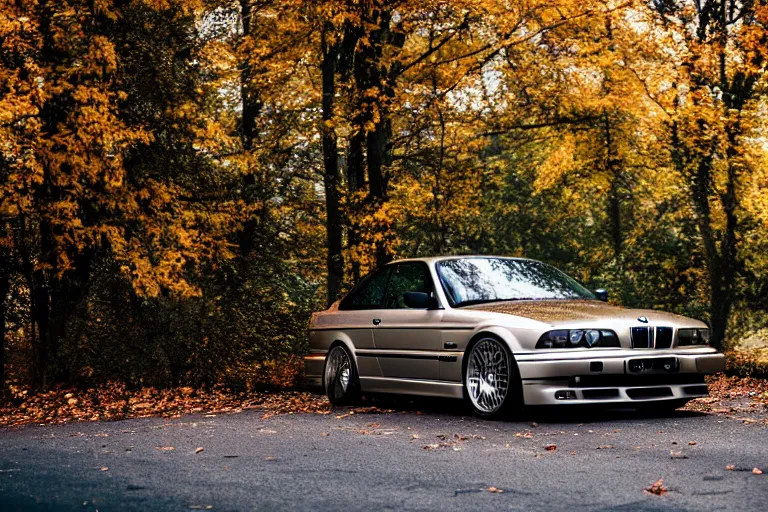 Image similar to A BMW e36 parked in a road with trees, autumn season, Epic photography, taken with a Leica camera, 50 mm, depth of field