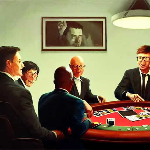 Prompt: UHD photorealistic Elon Musk playing poker with Satoshi Nakamoto, Klaus Schwab, and Bill Gates, in the style of tonalism by Greg Rutkowski, trending on Artstation, hyperrealistic, correct details, symmetrical faces