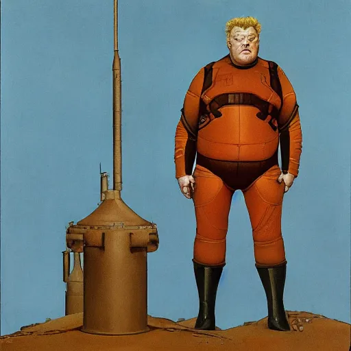 Image similar to full body portrait of actor Kenneth McMillan as baron harkonnen wearing ragged leather spacesuit and floating ten feet above floor in dystopian science fiction palace, painted by norman rockwell and tom lovell and frank schoonover, dune 1982 movie