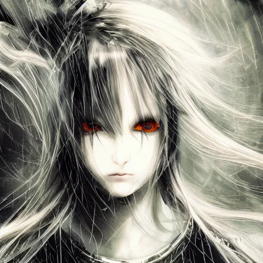 Image similar to yoshitaka amano blurred and dreamy illustration of an anime girl with an eyepatch, wavy white hair and cracks on her face wearing elden ring armour with the cape fluttering in the wind, abstract black and white patterns on the background, noisy film grain effect, highly detailed, renaissance oil painting, weird portrait angle