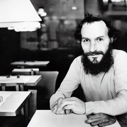 Prompt: photo from the year 1 9 8 0 of a frenchman from france seated in a restaurant. 5 0 mm, studio lighting