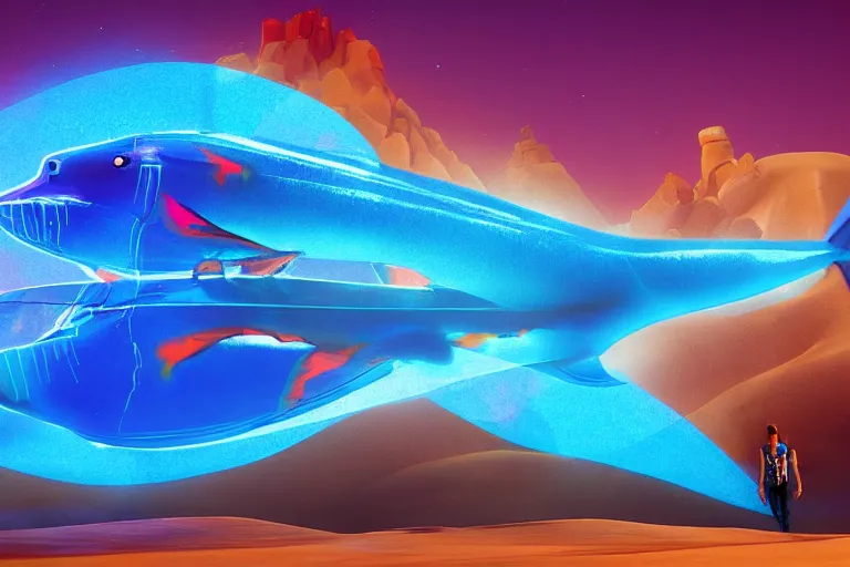 Image similar to a holographic projection of a huge colorful transparent shark appears in the desert at night, a man is stunned, by anton fadeev and jame paick, 8 k, unreal engine