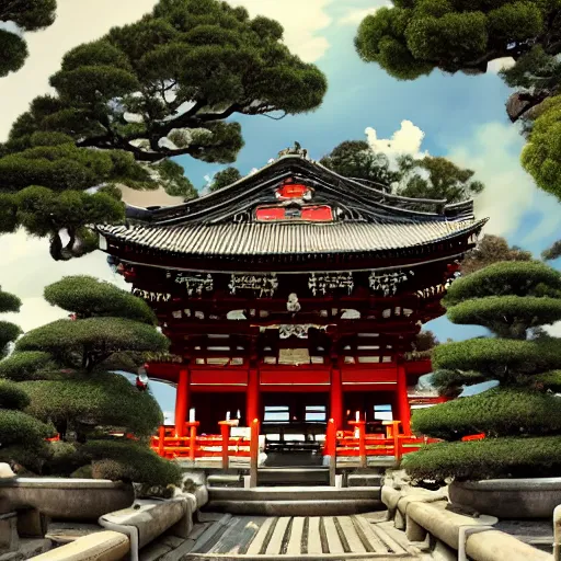 Image similar to traditional shinto temple with bonsai trees, bizzaro, baroque, renaissance, by emedios varo and anato finnstark and fenghua zhong, hyperrealism, 4 k 8 k, 3 d, hyperrealism, masterpiece, texture, captivating, awe inspiring