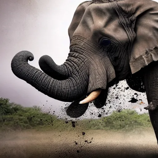 Image similar to an elephant falling apart and crumbling to dust to the air, photorealistic