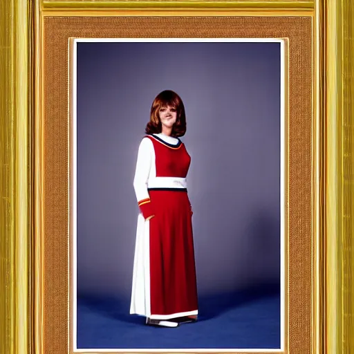 Image similar to a full body photograph of 1 9 7 0 s doctor who elisabeth sladen as a star fleet science officer from star trek next generation, full dress uniform, symmetrical face, extreme realism and detail, 8 k, completely framed, direct lighting, 3 5 mm photo, photorealistic, sharp focus