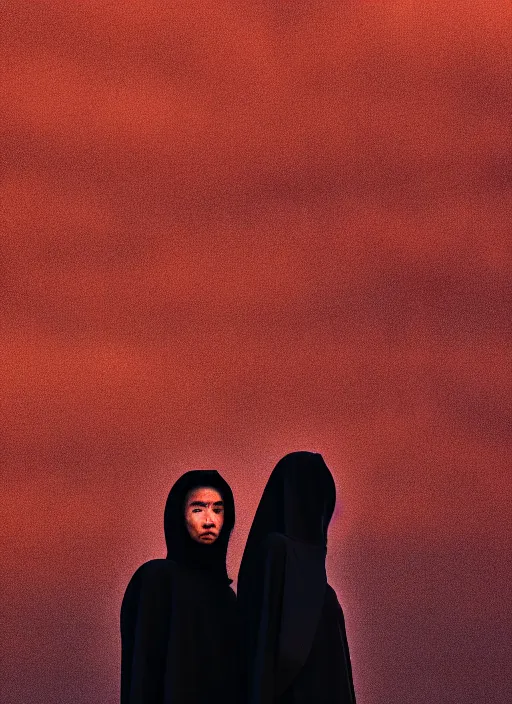 Image similar to cinestill 5 0 d photographic portrait of 2 women wearing black techwear in front of a brutalist sharp - edged metal building, closeup, on a desolate plain with a red sky, dystopia, cyberpunk, closeup, depth of field, 4 k, 8 k, hd, full color