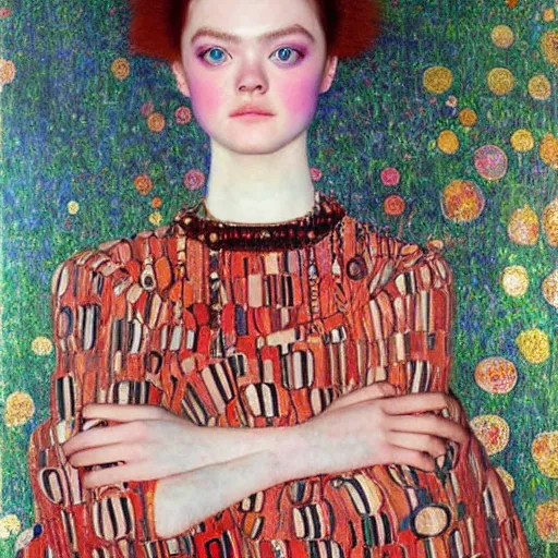 Image similar to a striking hyper real painting of Elle Fanning by Gustav Klimt