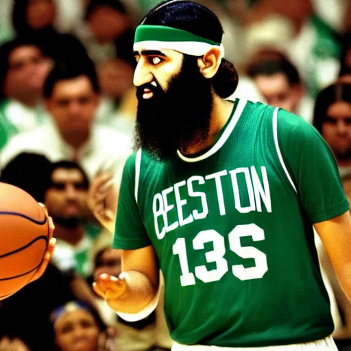 Image similar to facial portrait of osama bin laden shooting free throws, boston celtics jersey, wearing a headband, sweating, focused