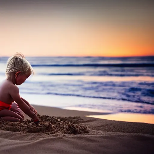 Image similar to little blond girl, making a sandcastle!!! on an Australian Beach, (((red)))!!! sand, shovel, waves, golden hour, Canon EOS R3, f/1.4, ISO 200, 1/160s, 8K, RAW, unedited, symmetrical balance, in-frame