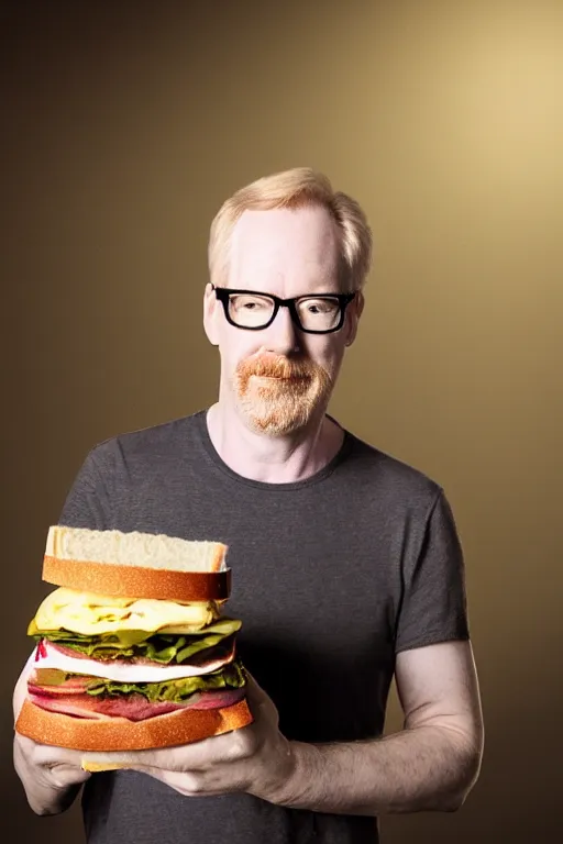 Image similar to 📷 portrait of adam savage the sandwich, sandwich human hybrid, still image, dynamic lighting, 4 k