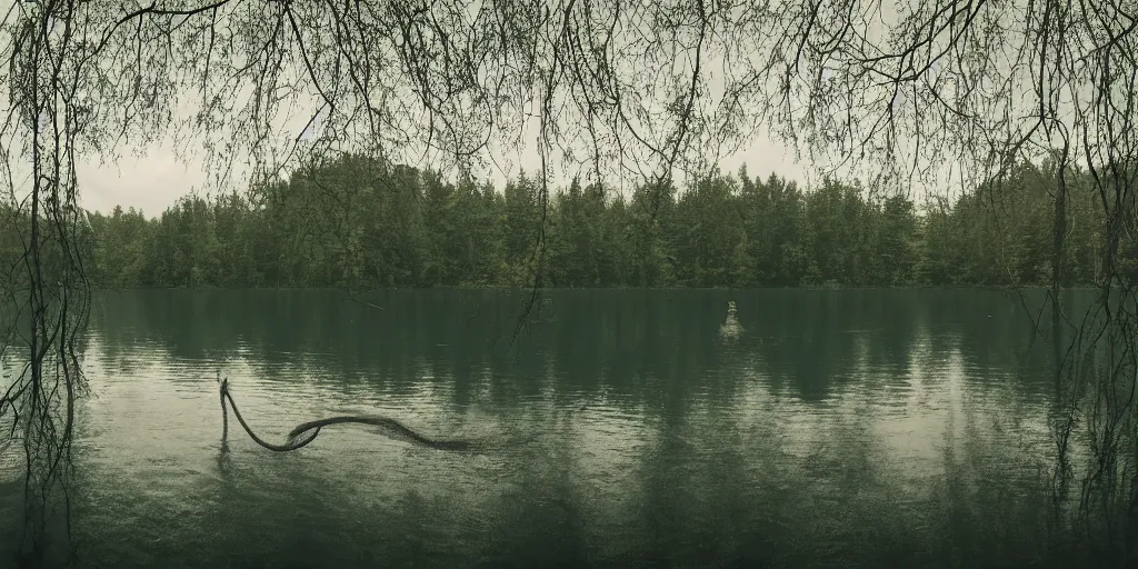 Image similar to an long rope zig - zagging across the surface of the water into the distance, floating submerged rope stretching out towards the center of the lake, a dark lake on an overcast day, atmospheric, color film, trees in the background, 4 k photo, anamorphic lens