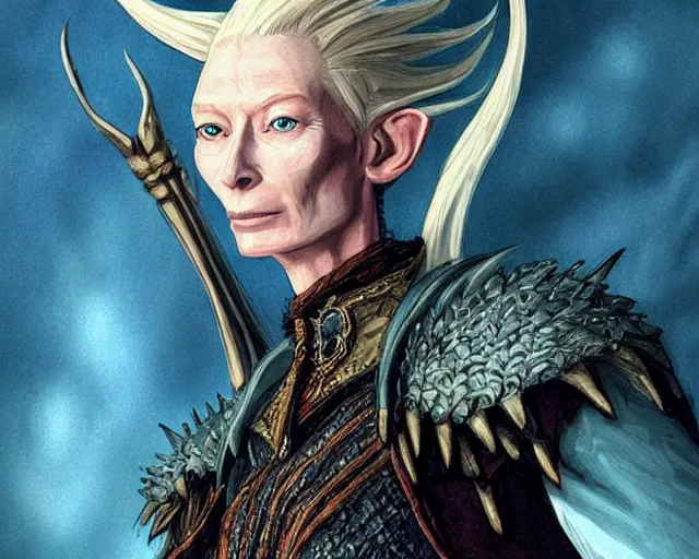 Prompt: tilda swinton as a high elf rogue, fantasy art, d & d, extremely detailed, high quality, award - winning,