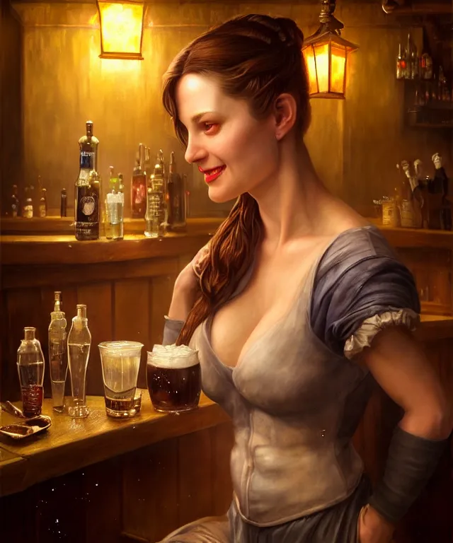 Image similar to hyperrealistic mixed media painting of a beautiful smiling charismatic barmaid, dimly lit cozy tavern, relaxed pose, stunning 3d render inspired art by Gerald Brom and Anna Dittmann + perfect facial symmetry + dim volumetric lighting, 8k octane beautifully detailed render, post-processing, extremely hyperdetailed, intricate, epic composition, grim yet sparkling atmosphere, cinematic lighting + masterpiece, trending on artstation, very very detailed, masterpiece, stunning