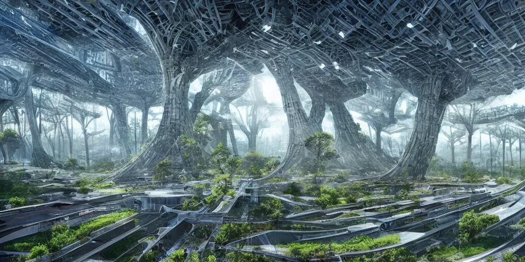 Prompt: Megastructure arboreal trees, massive, Anime, Dystopian, Highly Detailed, Helipad, Special Forces Security, Blockchain Vault, Searchlights