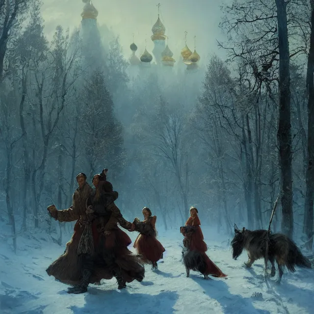 Image similar to russian folk fairytale, story, fable, dramatic, fantasy art, matte painting, an ultrafine detailed painting, academic art, ornate, inticate, elegant, sharp focus, artstation, by pavel korin, viktor vasnetsov, greg rutkowski