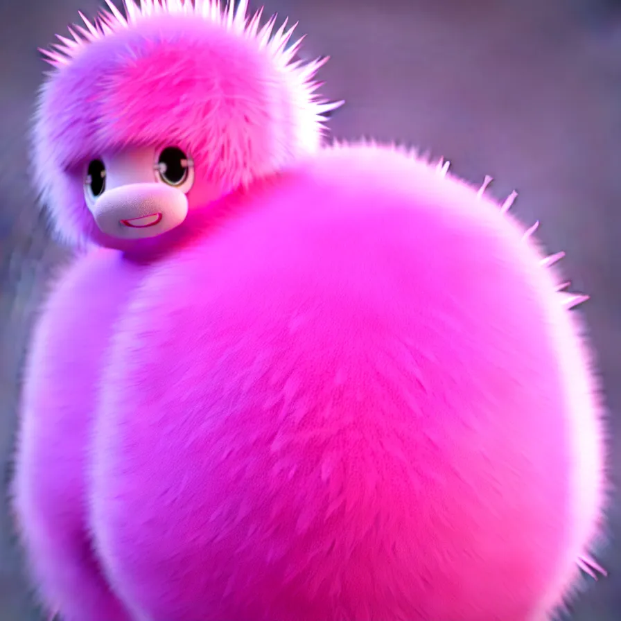 Prompt: high quality 3 d render hyperrealistic very cute big pink little spherical creature, plush mascot, short spiky dense fluffy smooth hair, isometric 3 d, pink fluffy fur, 1 5 0 mm, beautiful natural soft light, rim light, smooth background, artstation, ultra detailed, elegant, ultra detailed, metallic armor, octane render