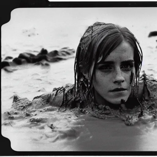 Image similar to film still, close up, emma watson rising out of muddy vietnam river, face covered in mud, low camera angle at water level, night time, film still from apocalypse now ( 1 9 7 9 ), 2 6 mm polaroid polaroid polaroid polaroid polaroid expired expired expired,