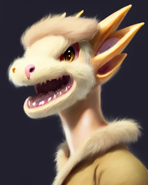 Prompt: character concept art of a cute young male anthropomorphic beige furry dragon | | cute - fine - face, pretty face, key visual, realistic shaded perfect face, fine details by stanley artgerm lau, wlop, rossdraws, james jean, andrei riabovitchev, marc simonetti, and sakimichan, trending on artstation