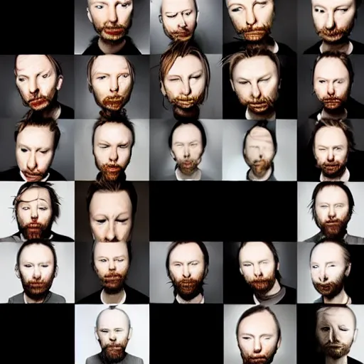 Image similar to versions of variations, hyper realistic, many variations of thom yorke, face variations, various emotions, various poses, high quality, intricate details, beautiful lighting