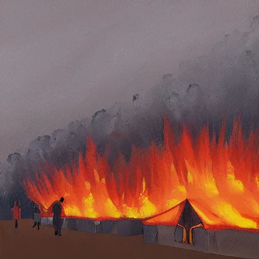 Image similar to a camp with tents on fire, burning down, shadows of 3 girls watching the camp burn, snow, painted by Sylvain Sarrailh