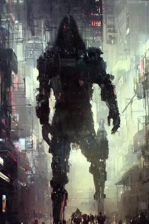 Image similar to full body portrait of Jesus as a cyborg walking through a crowded futuristic city street as the people part around him, by Jeremy Mann, stylized, detailed, realistic, loose brush strokes, dark tones, neon hue, intricate