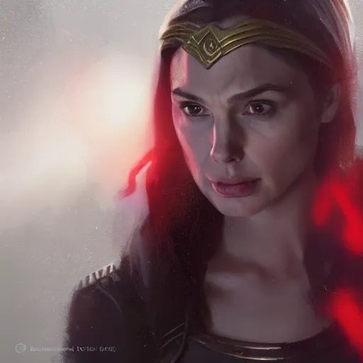 Image similar to a potrait of Gal Gadot as Scarlet witch by Greg Rutkowski, Sung Choi, Mitchell Mohrhauser, Maciej Kuciara, Johnson Ting, Maxim Verehin, Peter Konig, 8k photorealistic, cinematic lighting, HD, high details, dramatic, trending on artstation, full body shot